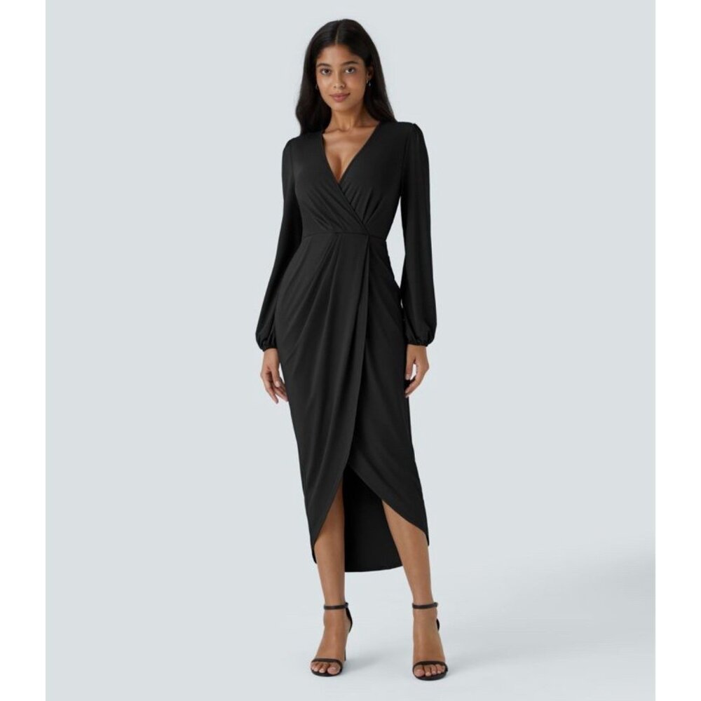 Halara Dress Small Tulip Hem Midi V Neck Long Sleeve NWT